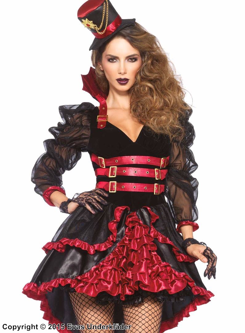 Victorian vampire, costume dress, satin, ruffles, belt
